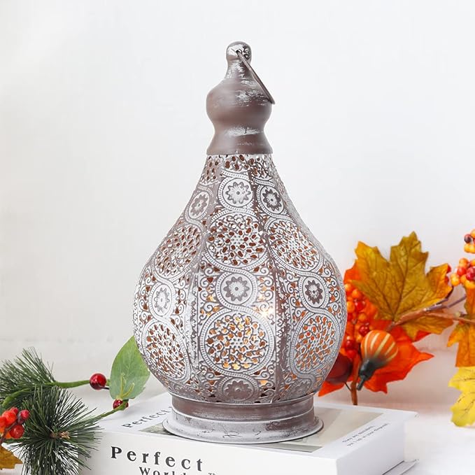 JHY DESIGN Moroccan Style Vintage Lantern Metal Table Lamp Battery Powered 11.5" Tall Cordless Lamp Desk Lamp with Edison Bulb for Living Room Bedroom Weddings Parties Garden Lounge Outdoor Indoor