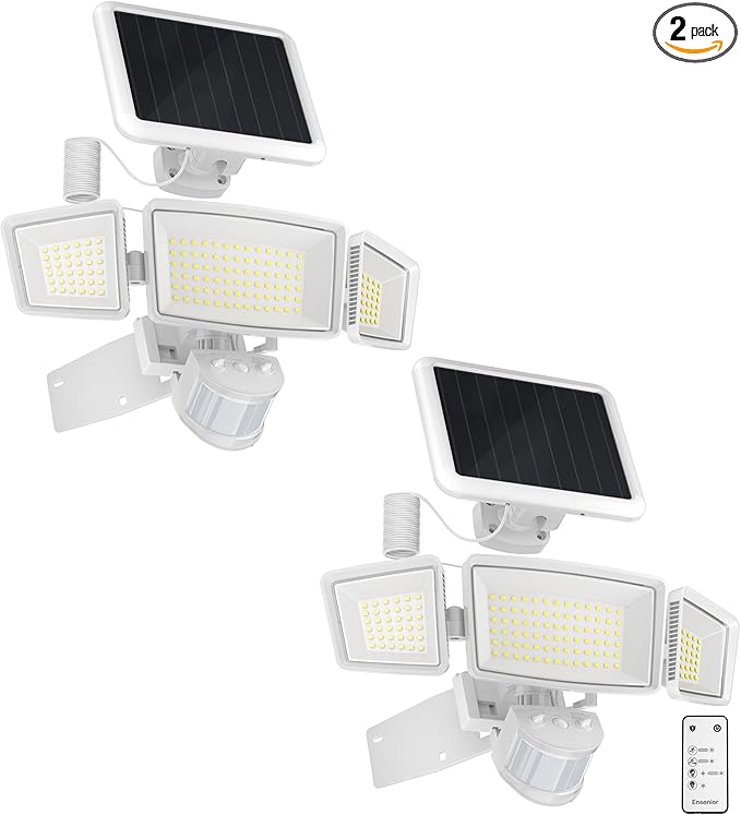 Ensenior 1800LM Solar Flood Lights Outdoor, Motion Sensor Outdoor Light 6500K, IP65 Waterproof, Separate Solar Panel, Solar Security Light with 5 Sensor Modes and 3 Adjustable Head for Yard (White)
