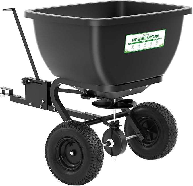 Tow Behind Broadcast Spreader, 200 LB Capacity,Fertilizer Spreader Holds up to 550 lbs with 13" Pneumatic Tires and Adjustable Flow Control Lever,for Fertilizer, Grass Seed, Salt, Ice Melt, Lawn