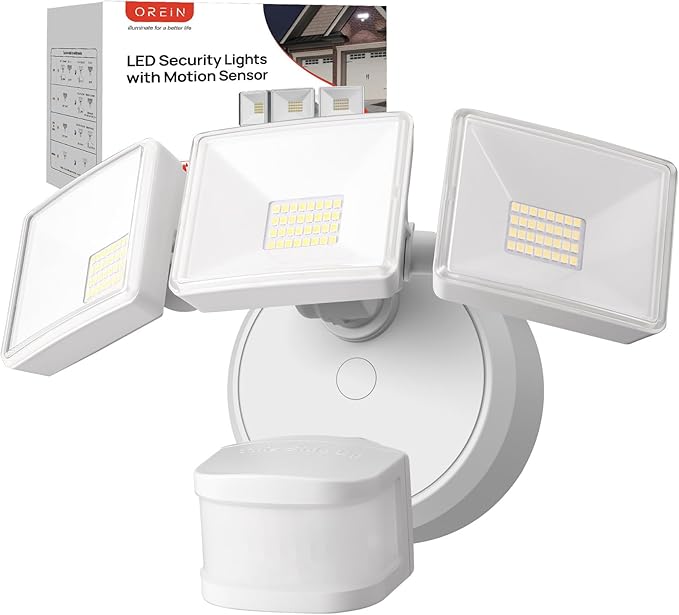 OREiN 6500LM/42W Flood Lights Outdoor, 180°/75FT Motion Sensor Outdoor Lights 4 Modes Dimmable Dusk to Dawn Floodlights IP65 Waterproof for 6000SQ.FT Area for Big Patio, Driveway, White (Hardwired)