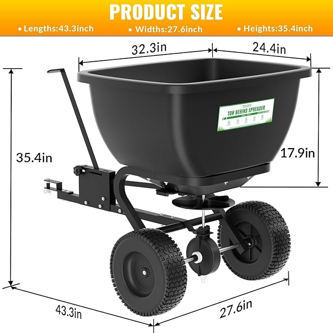 Tow Behind Broadcast Spreader, 200 LB Capacity,Fertilizer Spreader Holds up to 550 lbs with 13" Pneumatic Tires and Adjustable Flow Control Lever,for Fertilizer, Grass Seed, Salt, Ice Melt, Lawn