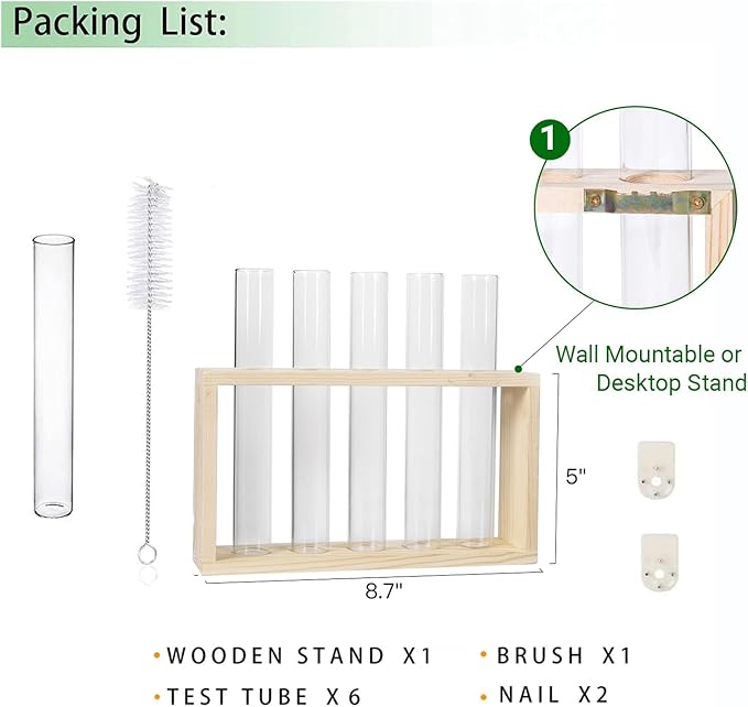 Ivolador Plant Propagation Station Terrariumin Wall Test Tube Vases Bud Tabletop Glass Wooden Stand with 5 Propagation Tubes for Propagating Hydroponic Plants Home Garden Wedding Decoration-Beige