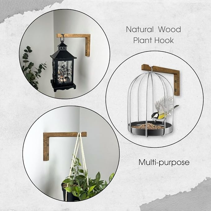 2-Piece Set of Plant Hooks for Wall 6 Inch - L-Shaped Mounted Wooden Plant Hook - Indoor and Outdoor Bracket Plant Hanger for Planters, Lanterns, Bird Feeders and Plant Basket (Walnut)