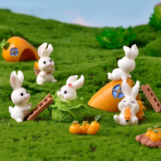 21Pcs Mini Rabbit and Carrot Figurines 1inch Cute Resin Bunny Cake Toppers for DIY Fairy Garden Dollhouse Moss Landscape Crafts Easter Decors