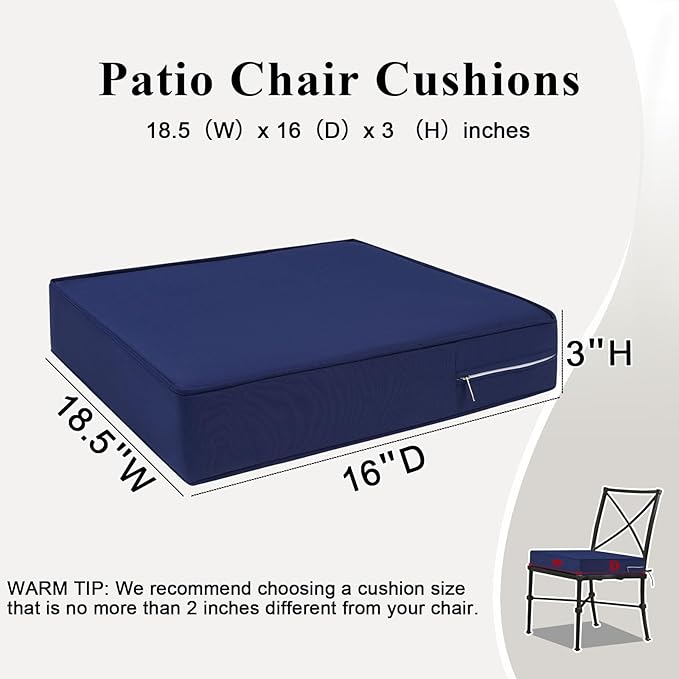 Outdoor Chair Cushions Set of 2 for Patio Furniture 18.5x16x3 Inch Waterproof Patio Chair Cushion 3 Year Color Fastness Rectangle Elastic Foam Garden Couch Pads with Ties and Handle,Blue