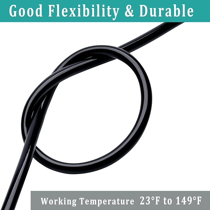 3/8" id - 100ft Black Vinyl Tubing Flexible PVC Tube Hybrid Hose Transfer Water Fuel Gas for Pond Fountain Garden Waterfall, Durable and Safe, with 2 Hose Clamps