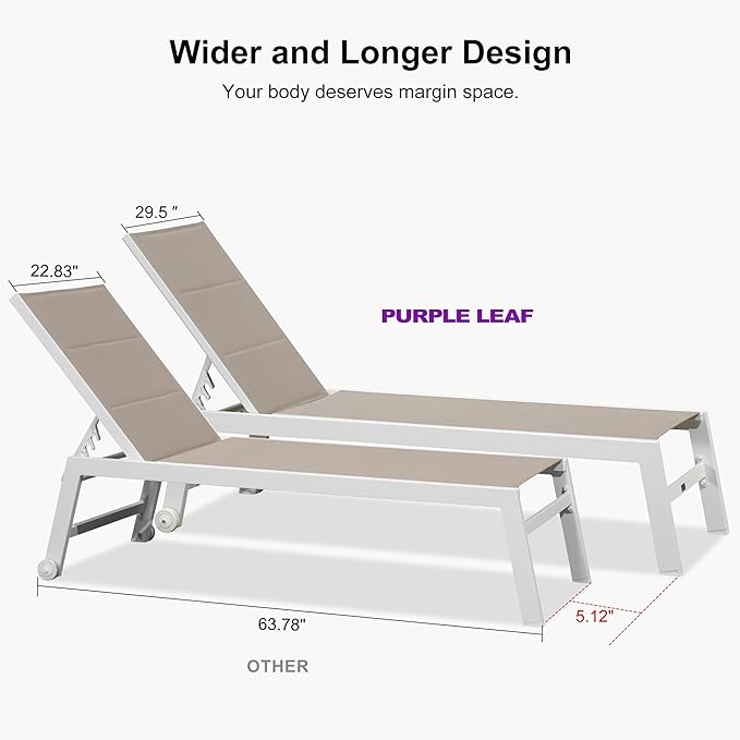 PURPLE LEAF Outdoor Chaise Lounge Set Oversize Adjustable Sunbathing Recliner Extra Wide Lounge Chairs with Side Table for Poolside Beach Outside Patio Aluminum Chaise Lounger Khaki 2 Sets