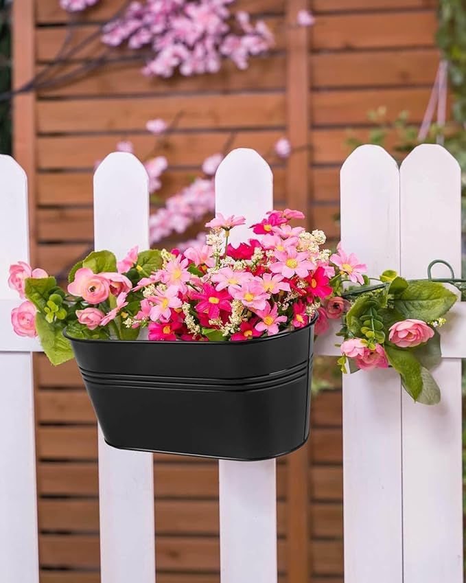 vensovo Metal Railing Planter for Outdoor Plants - 3 Pack Balcony Hanging Flower Pots with Detachable Hooks and Drain Holes Oval Bucket Rail Box Fence Planters for Home Garden Decor, Black