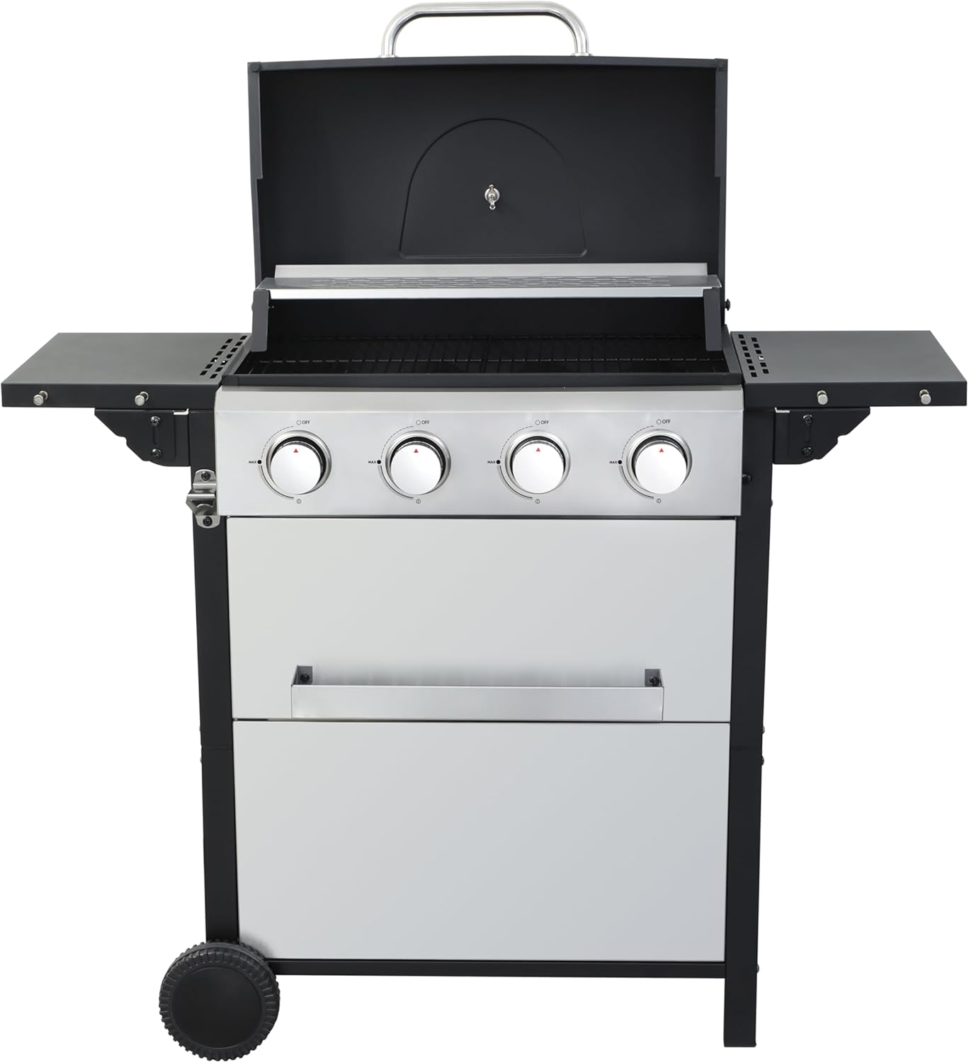 4-Burner Propane Gas BBQ Grill, 34,200 BTU Output, Wire Enamel Cooking Grates, Foldable Side Table and Hanging Basket, Stainless Steel Grill for Outdoor Cooking