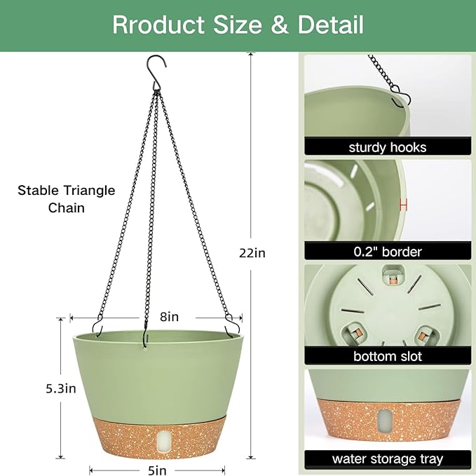 QCQHDU 2 Pack 8 inch Hanging Planters for Indoor Plants, Outdoor Hanging Baskets, Self Watering Pots with Drainage Holes & Removable Tray (Green, 8 inch)