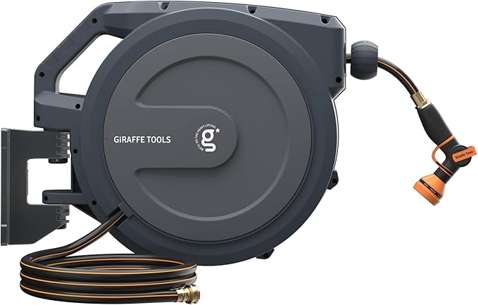 Giraffe Tools AW30 1/2MB Retractable Garden Hose Reel 1/2" x 100 ft PRO Metal Bracket, Heavy Duty, Any Length Lock Hose Reel, 100 ft, Dark Grey