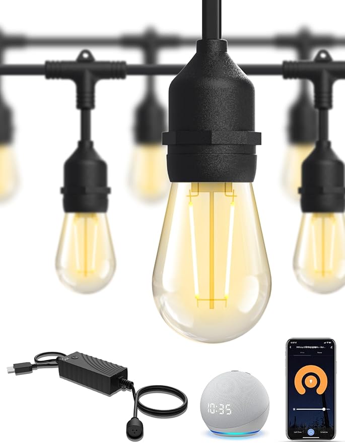 XMCOSY+ Smart Patio Lights 49Ft LED Outdoor String Lights Waterproof IP65, App Control, Compatible with Alexa, Dimmable Edison Bulbs Outdoor Light for Yard Porch Bistro Outside