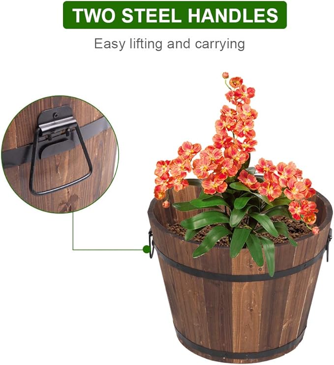 3 Pcs Wooden Planter Barrel Set, Outdoor Flower Pots with Handle & Drainage Holes, Rustic Whiskey Barrel Planter for Plants, Herbs, Veggies, Indoor Outdoor Use