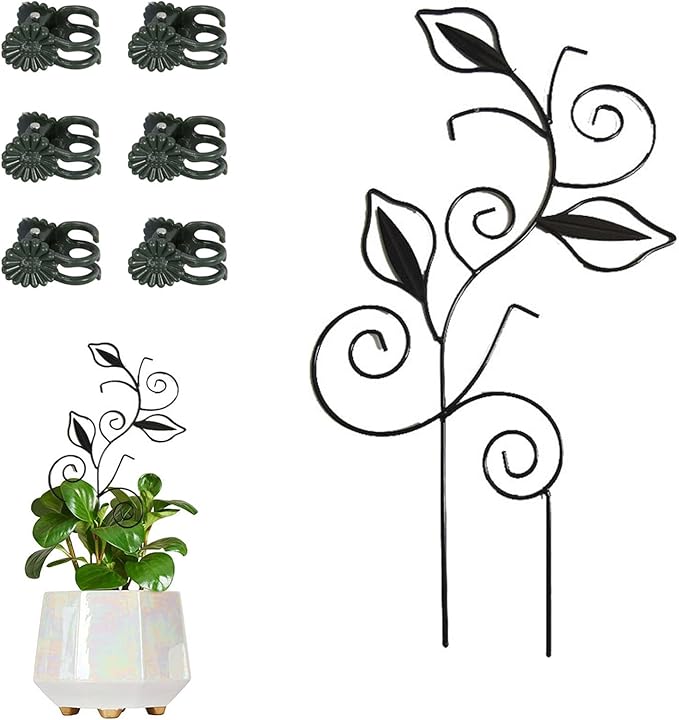 Decorative Metal Plant Trellis for Indoor Potted Plants – Leaf Shape Vine Support Stakes with 6 Plant Clips, Black/Green/Gold Garden Trellises for Climbing Plants, Vines (Black 1pc)