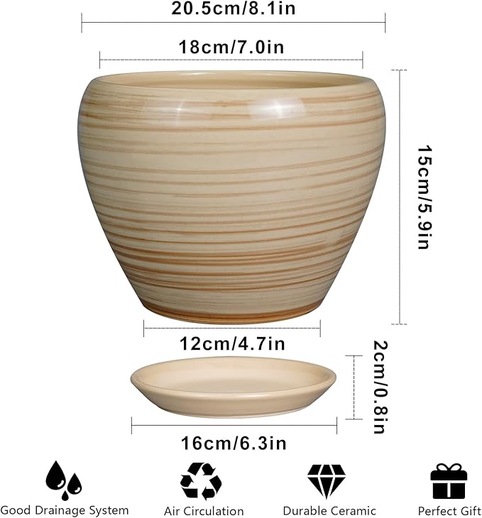 Planter Pot 8 Inch - Ceramic Pot for Plants Indoor Plant Pot with Drainage Hole and Saucer Round Planter Outdoor Modern Flower Pot Succulent Pot for House Patio Yellow
