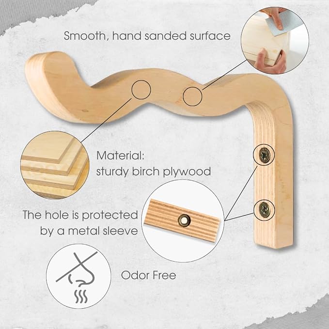 2-Piece Set of Wavy Wooden Wall Planters for Indoor Plants 6 Inch - Natural Plant Hook for Wall Plant, Wind Chimes, Flower Brackets, Patio Garden Decorations - Bracket Plant Hanger (Natural)