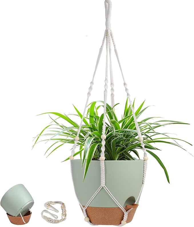 41.5 Inch Macrame Plant Hanger Indoor Outdoor with 12 Inch Flower Pot, Hanging Planter for Plants Holder with Wood Beads for Boho Home Decor (Ivory+Green)