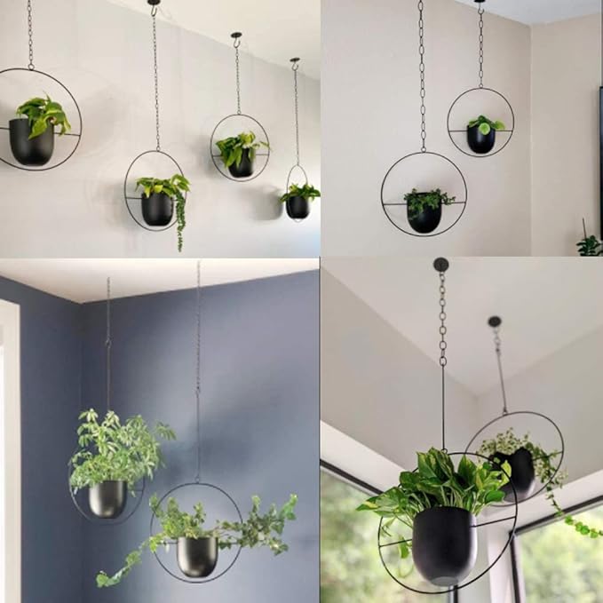 2 Pcs Hanging Planters for Indoor and Outdoor Plants with Hooks and Chains Metal Modern Wall Ceiling Planter Hangers Minimalist Flower Pot Holder Basket for Home Decor,Black