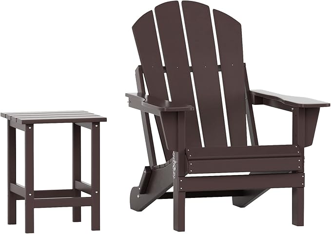 WO Home Furniture Adirondack Chair Table Set of 2 PCS Outdoor Folding Chair w Side Table Weather/UV Resistant for Lawn, Garden, Bon Fire, Balcony (Dark Brown)