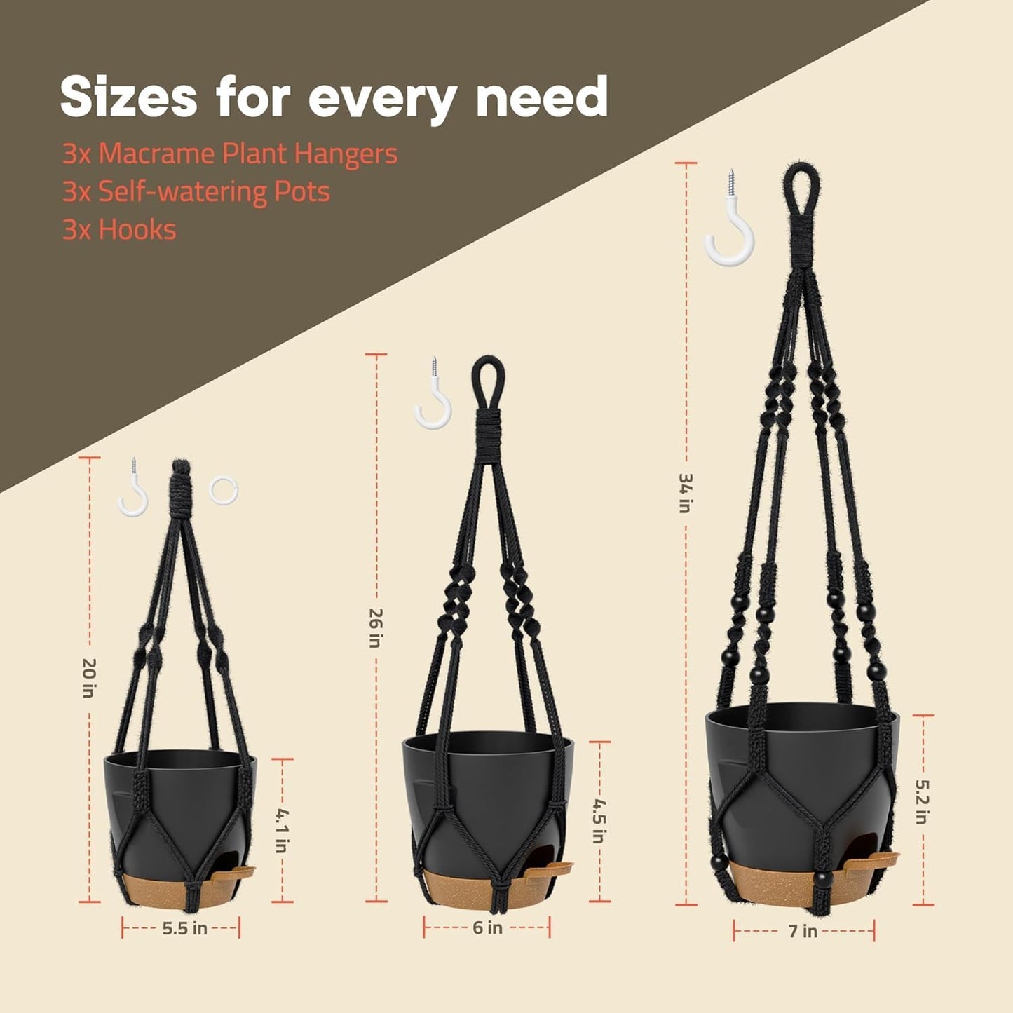 Green Hanging Self Watering Pots with Macrame Ivory Rope, 3 Pack Indoor & Outdoor Hanging Plant Pots with Built-in Reservoir, Wick Rope, Drainage Holes & Hooks, Stylish Boho Decor Hanging Planter