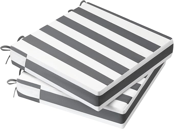 AAAAAcessories Outdoor Seat Cushions for Chairs, Waterproof, Fade-Resistant Patio Furniture Replacement Cushions, 19" x 19" x 3", Set of 2, Gray Cabana Stripe