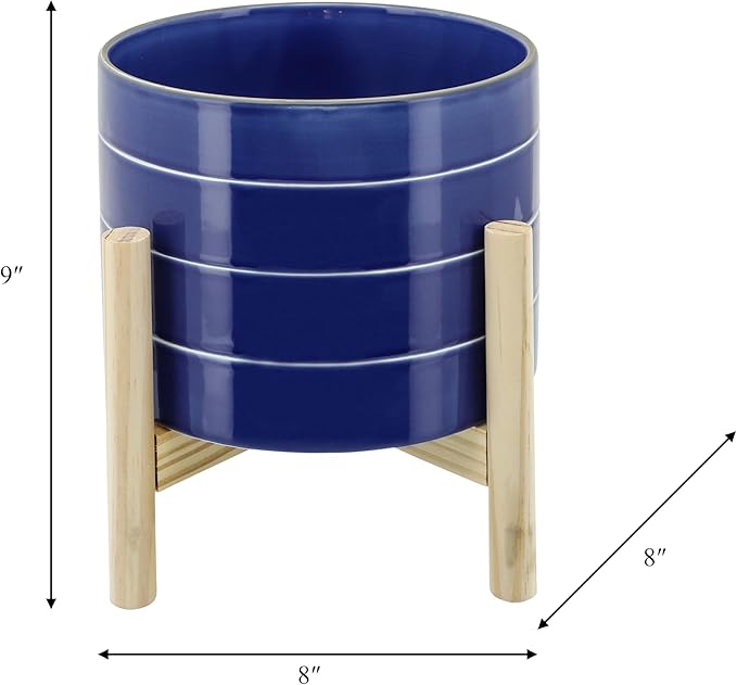 Sagebook Home 8" Planter on Stand - Ceramic Planter on Wooden Base - Contemporary Blue and White Striped Design Indoor or Outdoor Plant Stand Decor