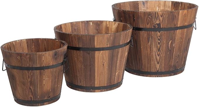 3 Pcs Wooden Planter Barrel Set, Outdoor Flower Pots with Handle & Drainage Holes, Rustic Whiskey Barrel Planter for Plants, Herbs, Veggies, Indoor Outdoor Use