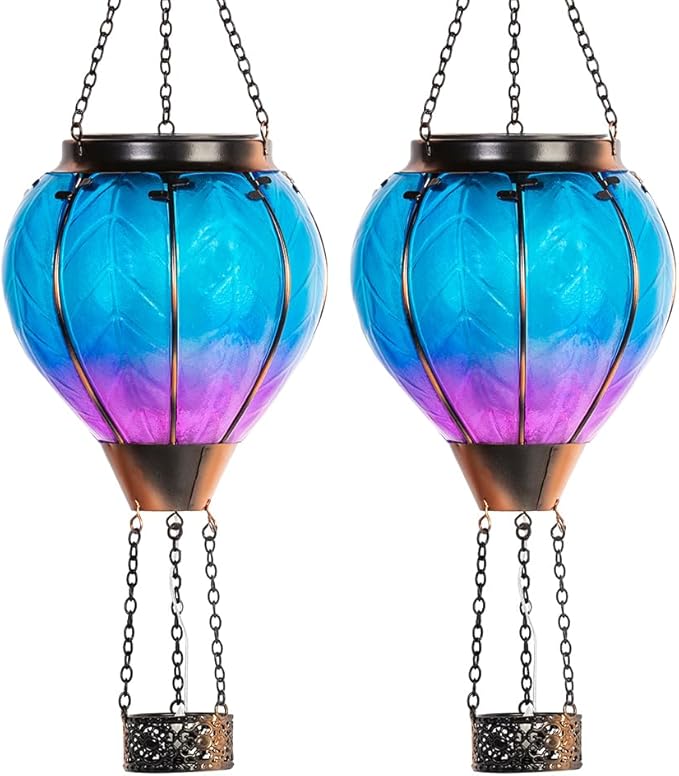 Starsoul 2 PC Blue Hot Air Balloon Solar Lantern with Flame Glass Hanging Outdoor Hot Air Balloon Solar Light Waterproof Garden Patio Yard Party Decorations