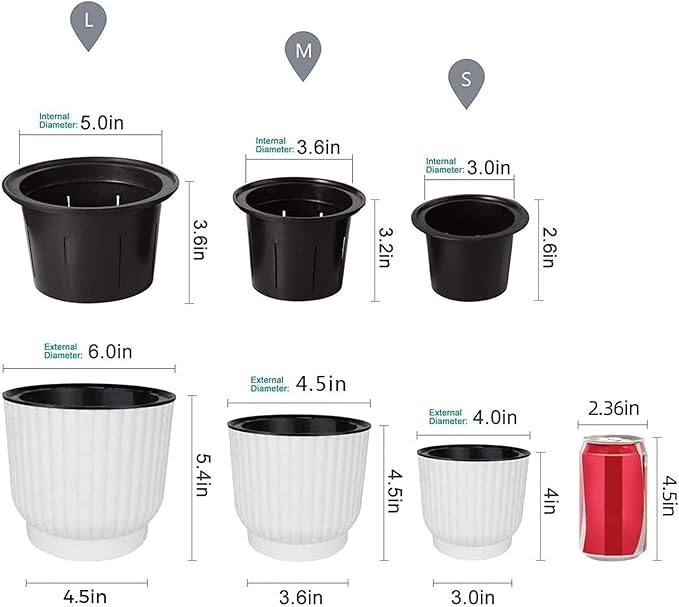 T4U 6 Inch Self Watering Pots for Indoor Plants, 6 Pack White Plastic Flower Pots for All House Plants, Flowers, African Violets