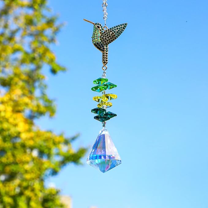 Rhinestones Hummingbird with Crystal Sun Catcher, Glass Window Hanging Ornament,Crystal Prism Suncatcher Outdoor Indoor Home Garden Party Decoration