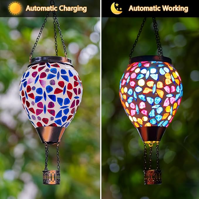 DREAMSOUL Butterfly Mosaic Hot Air Balloon Solar Lantern Hanging Glass Decorative LED Light Solar Lanterns Outdoor Waterproof