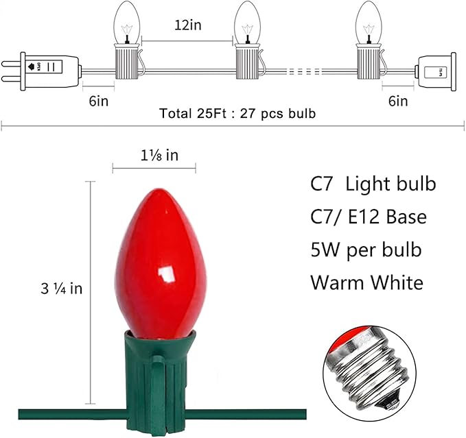 C7 Red Christmas Lights, 25Ft C7 Outdoor Christmas String Lights With 27 Red Ceramic Bulbs(2 Spare), Vintage Christmas Lights for Outdoor Roofline Patio Holiday Party Christmas Tree Valentine Decor