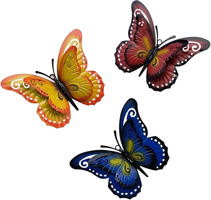 3 Pcs Metal Butterfly Wall Decor, Colorful Animal Wall Panel - Perfect Home Decor Accent with Yellow, Red, and Blue Butterfly (Butterfly)