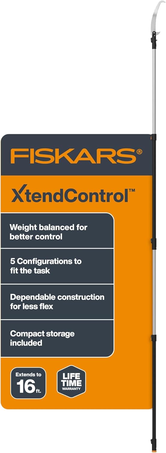Fiskars XtendControl Extendable Tree Pruner (16 ft), Adjustable Branch Trimmer with Rotating Pruning Head, 15" X3 Double-Hooked Saw, 4-8 ft Extension Poles & Automatic Cord Reel for Precision Cutting