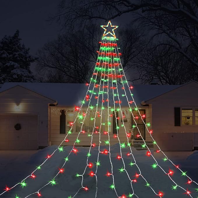 Christmas Decorations Star String Lights, 320 LED Waterfall Tree Lights with 13" Topper Star 8 Lighting Modes Indoor Outdoor Decorative for New Year, Holiday, Wedding, Party
