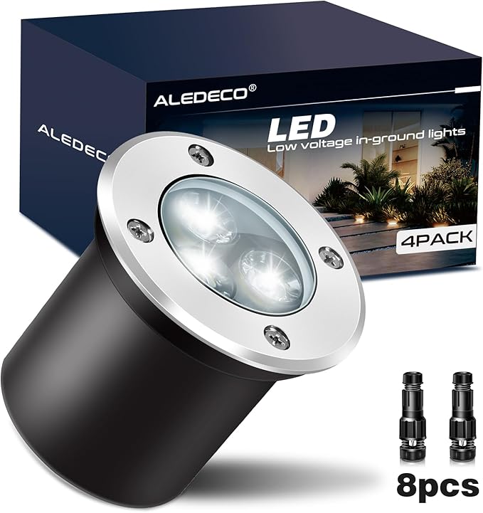 4Pack Low Voltage Landscape Lights with Connectors - 12-24V LED In-Ground Lights IP67 Waterproof Garden Lighting for Yard, Pathway, Driveway, Deck (Cool White)
