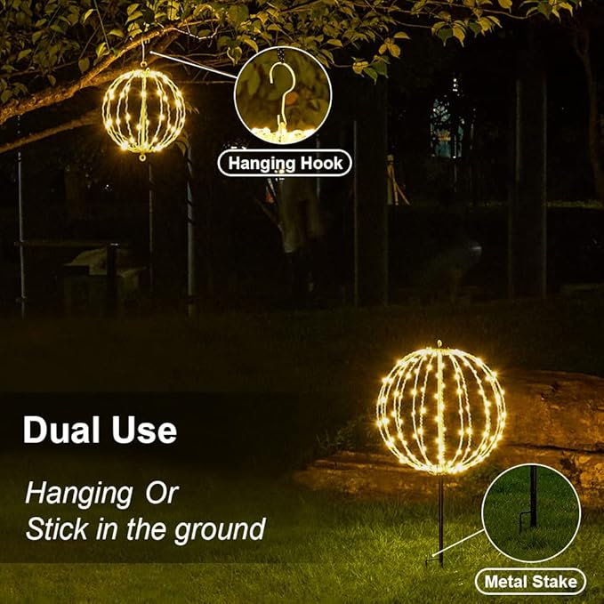 Christmas Ball Light Sphere, 16IN 128LED Hanging Tree Light and Pathway Lights with Hook and Stake, Foldable Metal Frame Light Ball for Outdoor Garden, UL Listed, White Frame, Warm White