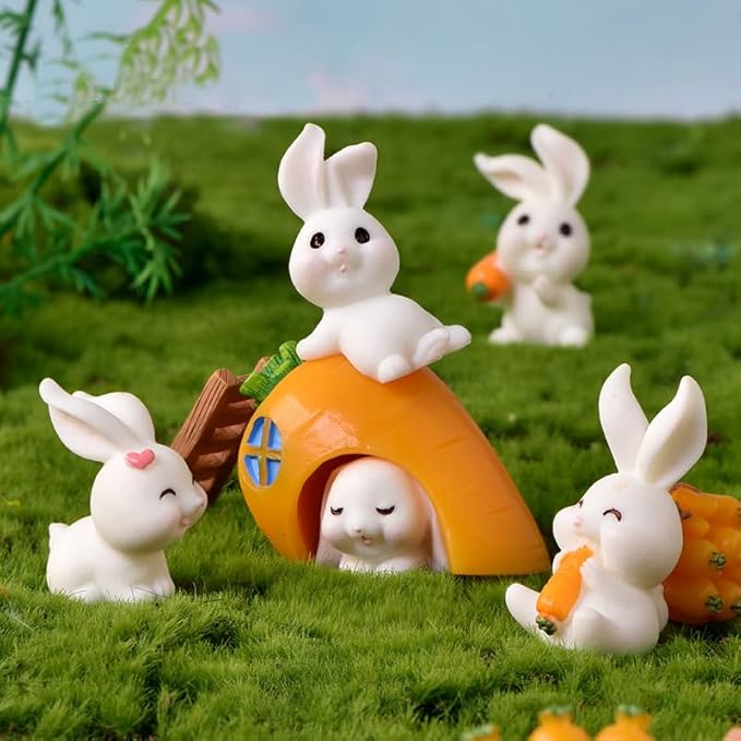 21Pcs Mini Rabbit and Carrot Figurines 1inch Cute Resin Bunny Cake Toppers for DIY Fairy Garden Dollhouse Moss Landscape Crafts Easter Decors