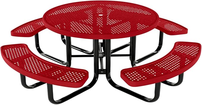 Coated Outdoor Furniture Heavy-Duty Portable Outdoor Kids Table with Umbrella Hole, Punched Steel Kids Picnic Table, Commercial-Grade, Made in America (46 In, Round, Childrens, Textured Red)