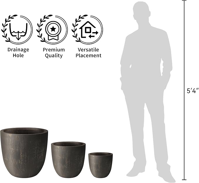Kante 14 Inch Dia Round Concrete Planter, Indoor Outdoor Large Plant Pot with Drainage Hole and Rubber Plug for Home Patio Garden, Oil Rubbed Bronze
