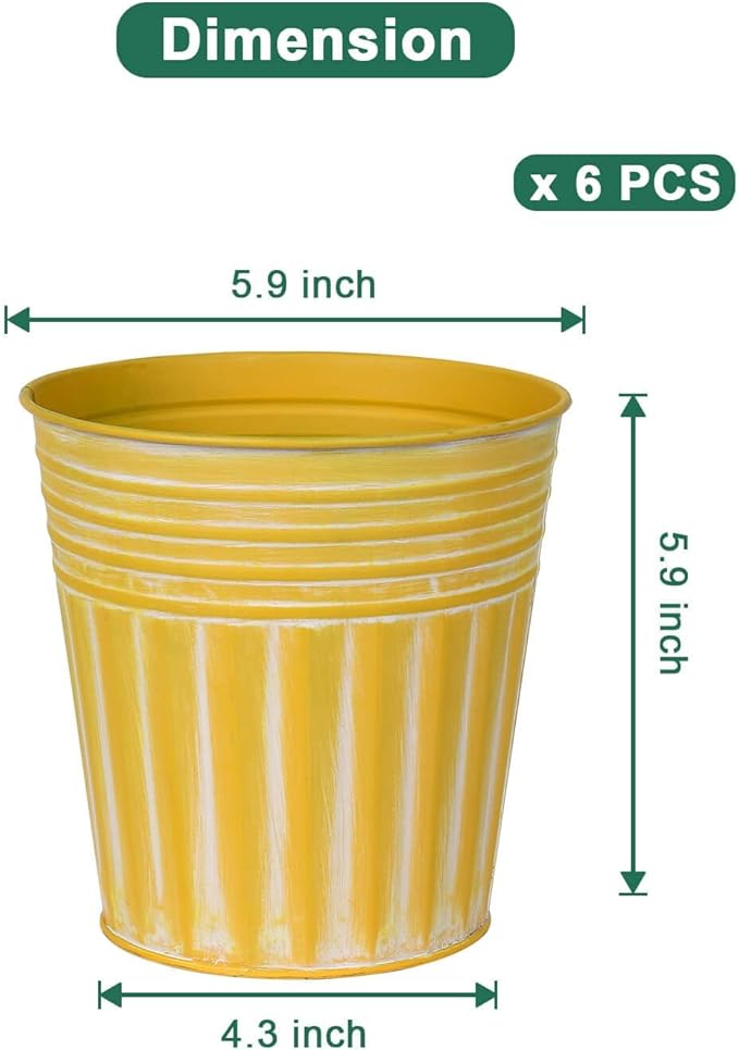 vensovo 6 Inch Yellow Metal Rustic Flower Pots - 6Pcs Galvanized Planters with Drainage Hole and Rubber Plug, Rustproof Metal Bucket Plant Pots Farmhouse Vintage Style for Decor