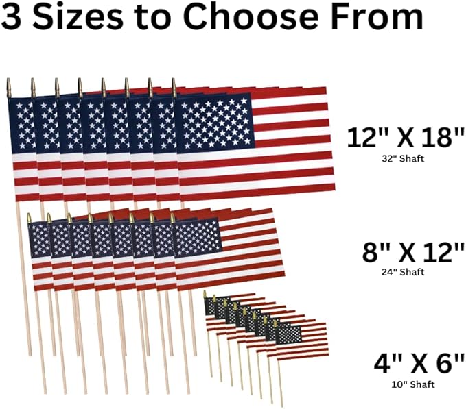 American Flags on Stick - Handheld Spearhead US Flag for 4th of July, Memorial Day Event Decorations - Patriotic Decor for Indoors & Yard - Wooden Stick, Cotton Fabric (4"X6" - 12 Pack)
