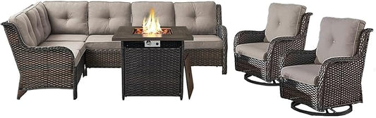Outdoor Sectional Sofa Furniture Set with Propane Fire Pit Table, Wicker Patio Conversation Set with 2 Swivel Glider Rocker Chairs Grey Cushion Perfect for Backyard Casual Gathering