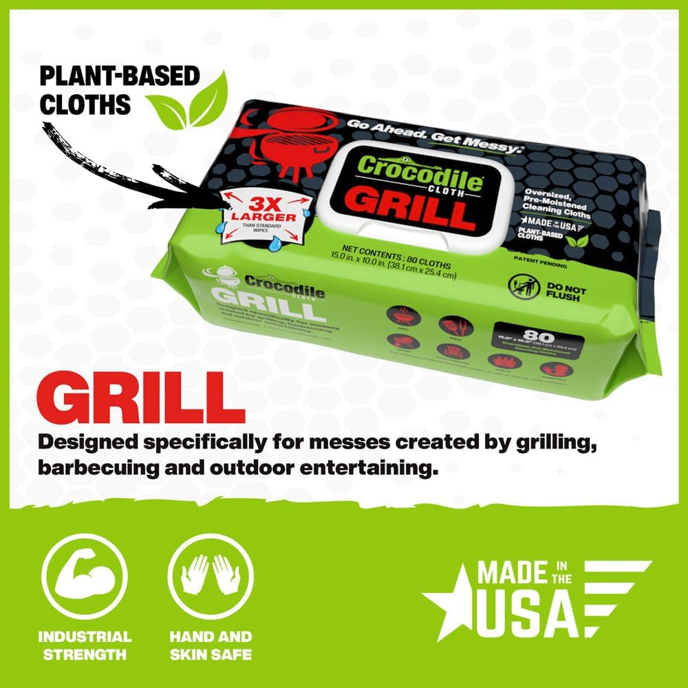 Crocodile Cloth Grill Wipes, 640 Count (8 Packs) – Extra-Large 15” x 10” Plant-Based Cleaning Cloths, Safe on Skin & Surfaces, Pre-Moistened with Aloe & Vitamin E
