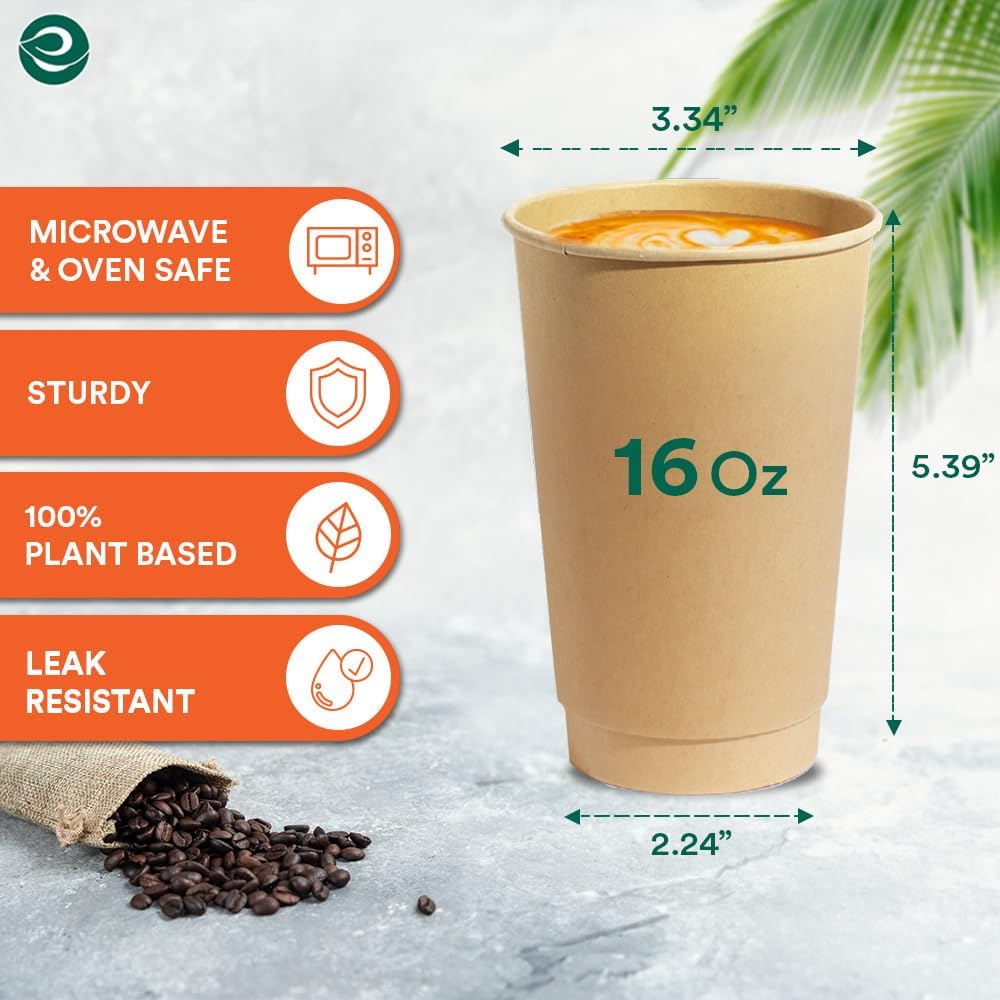 ECO SOUL 100% Compostable Plant-Based 16oz Hot Cups | (100 Count, 16 oz Hot Cups) | Disposable Bagasse Paper Cups | Eco-friendly Cups | Sturdy, Microwave & Oven Safe