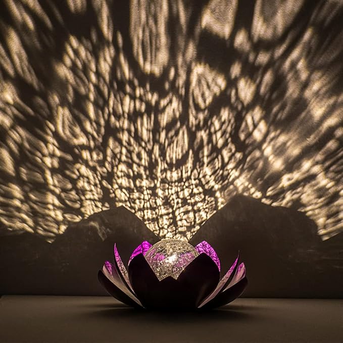 Huaxu Solar Lights Outdoor Decor Purple Lotus Waterproof LED Crackle Globe Glass Metal Flower Decorations for Garden Patio Yard Porch Pathway Ground Tabletop