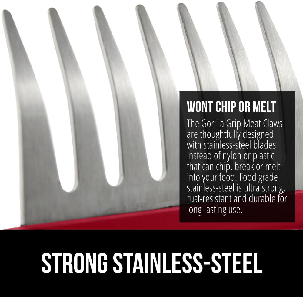 GORILLA GRIP BPA-Free Chicken Shredder Meat Claws, Sharp Stainless Steel Food Shredding Fork, Comfortable Handle, Easily Shred Pulled Pork, Taco Meats, Kitchen Smoker BBQ Tool, Dishwasher Safe, Red