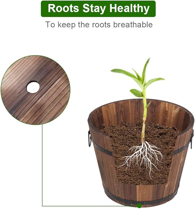 3 Pcs Wooden Planter Barrel Set, Outdoor Flower Pots with Handle & Drainage Holes, Rustic Whiskey Barrel Planter for Plants, Herbs, Veggies, Indoor Outdoor Use