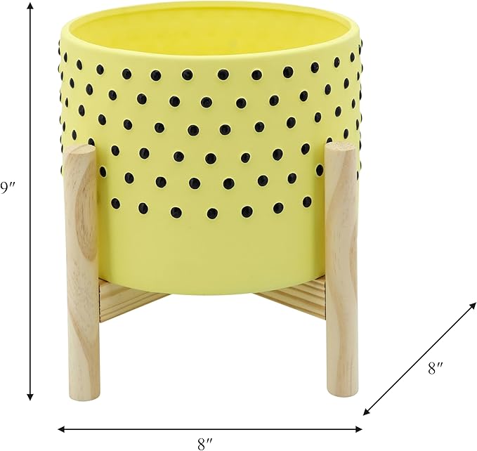 Sagebrook Home 8" Planter on Stand - Ceramic Planter on Wooden Base - Contemporary Yellow and Black Dotted Design Indoor or Outdoor Plant Stand Decor