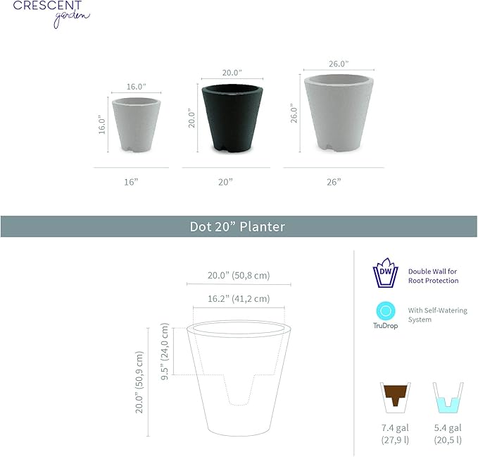 Crescent Garden Dot TruDrop Indoor/Outdoor Planter, Self-Watering Plant Pot, 20 Inches, (Ash)